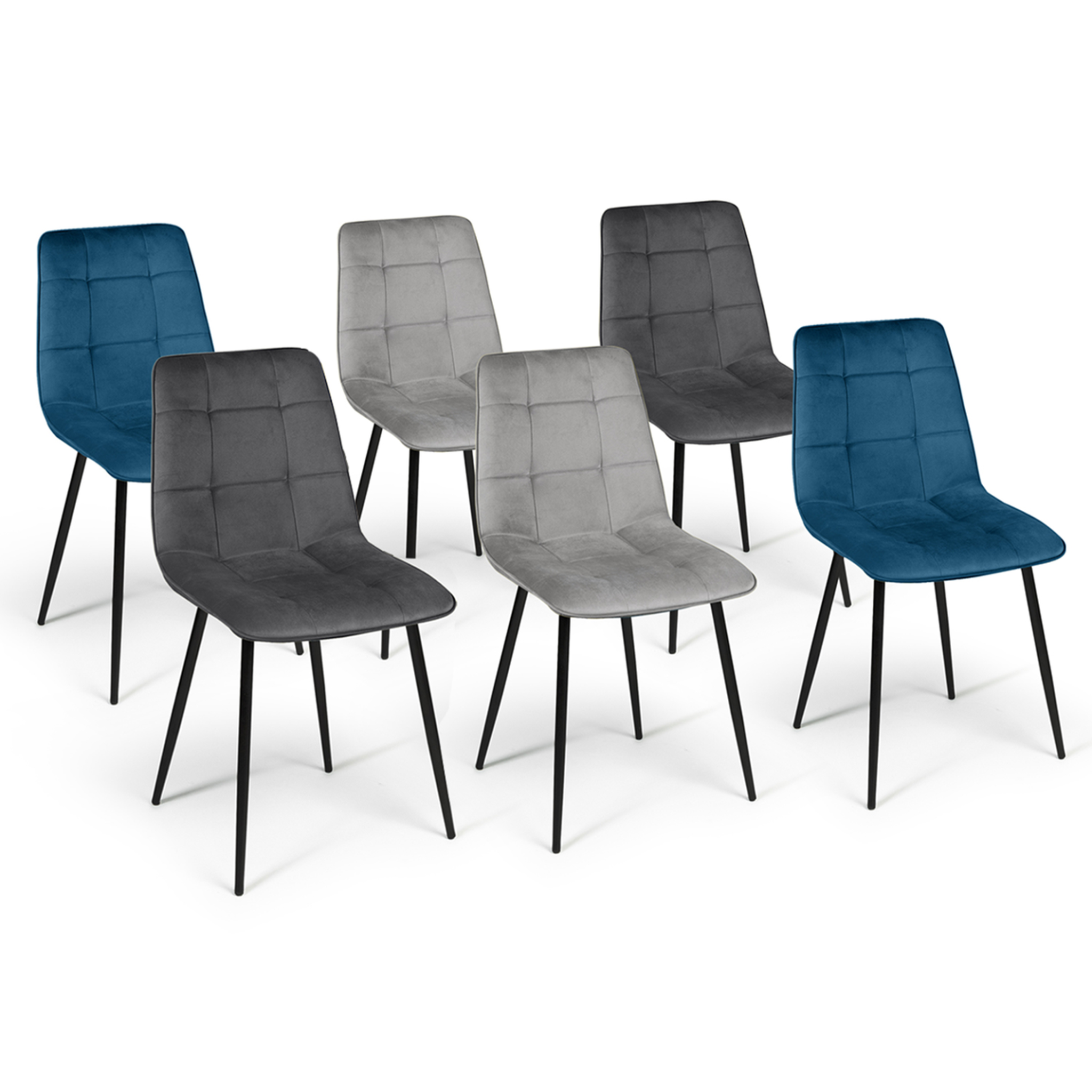 ID MARKET Lot de 6 chaises mila en velours mix color bleu x2, gris foncé x2, gris clair x2