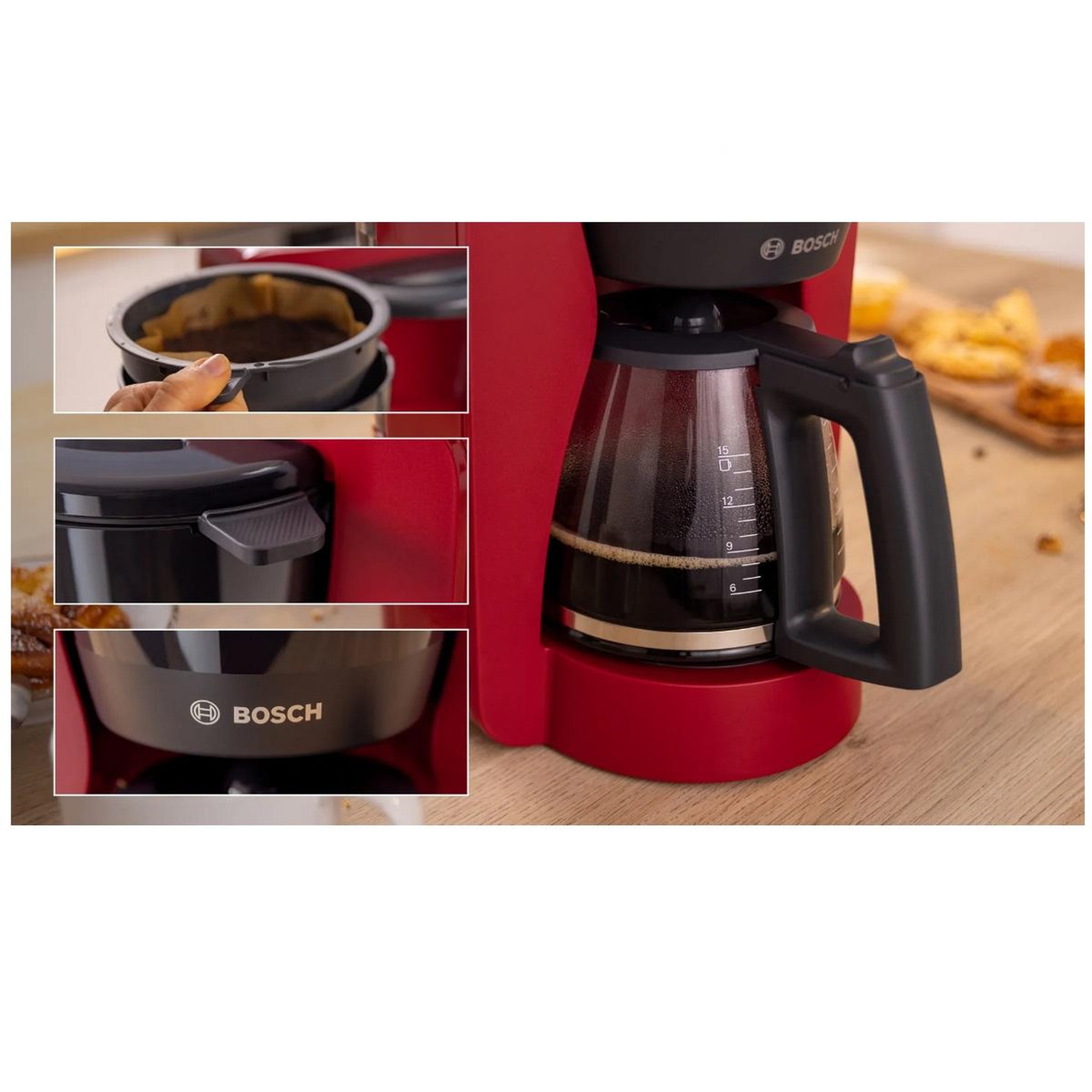 Voir la diapositive 5 : BOSCH Cafetière filtre 15 tasses 1200w rouge/noir - tka2m114