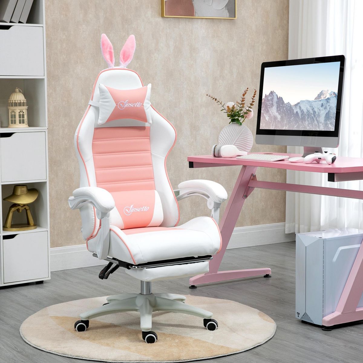 VINSETTO Chaise gaming fauteuil gamer inclinable réglable repose-pied rétractable oreilles de lapin amovibles rose blanc