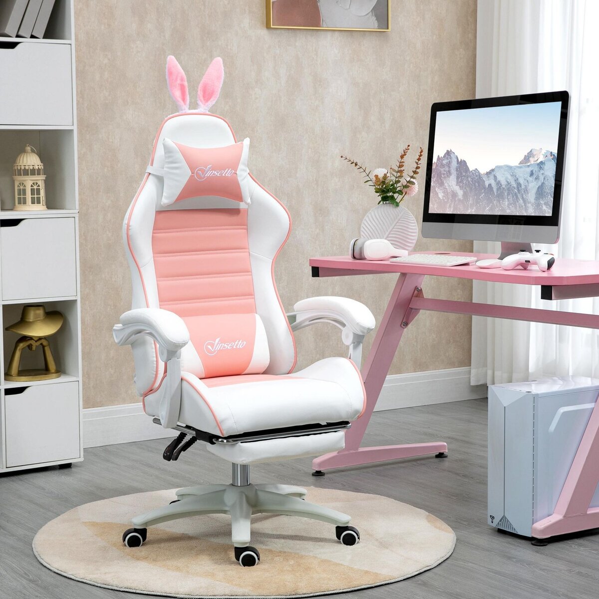 VINSETTO Chaise gaming fauteuil gamer inclinable réglable repose-pied rétractable oreilles de lapin amovibles rose blanc