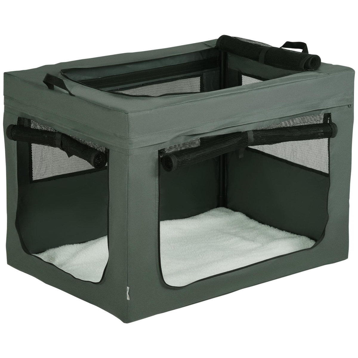 PAWHUT Sac de transport pliable pour chien chat - 2 poignées, 3 portes - dim. 89L x 62l x 62H cm - acier polyester gris