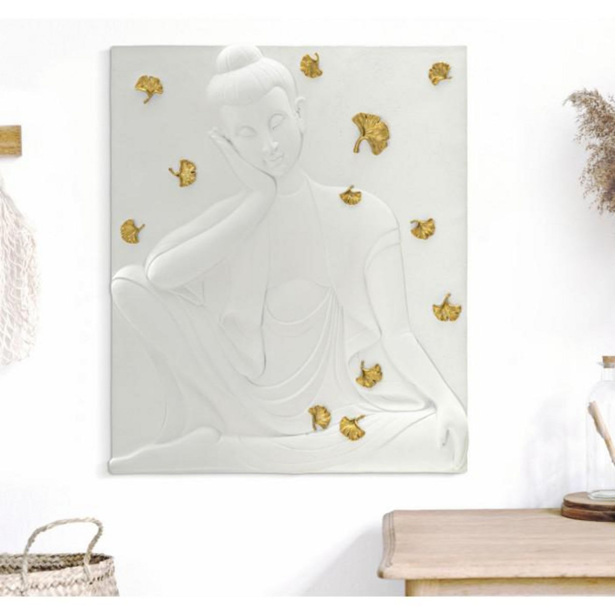 Paris Prix Décoration Murale en Résine  Bouddha  55cm Blanc & Or