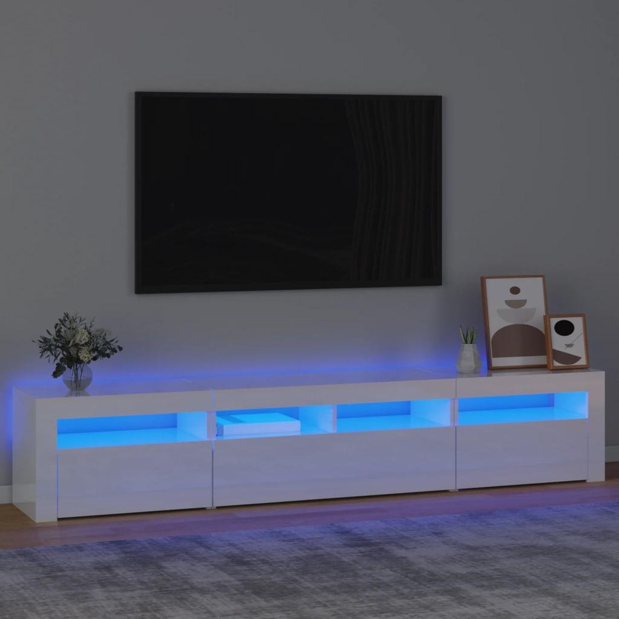 Voir la diapositive 1 : VIDAXL Meuble TV avec lumieres LED Blanc brillant 210x35x40 cm