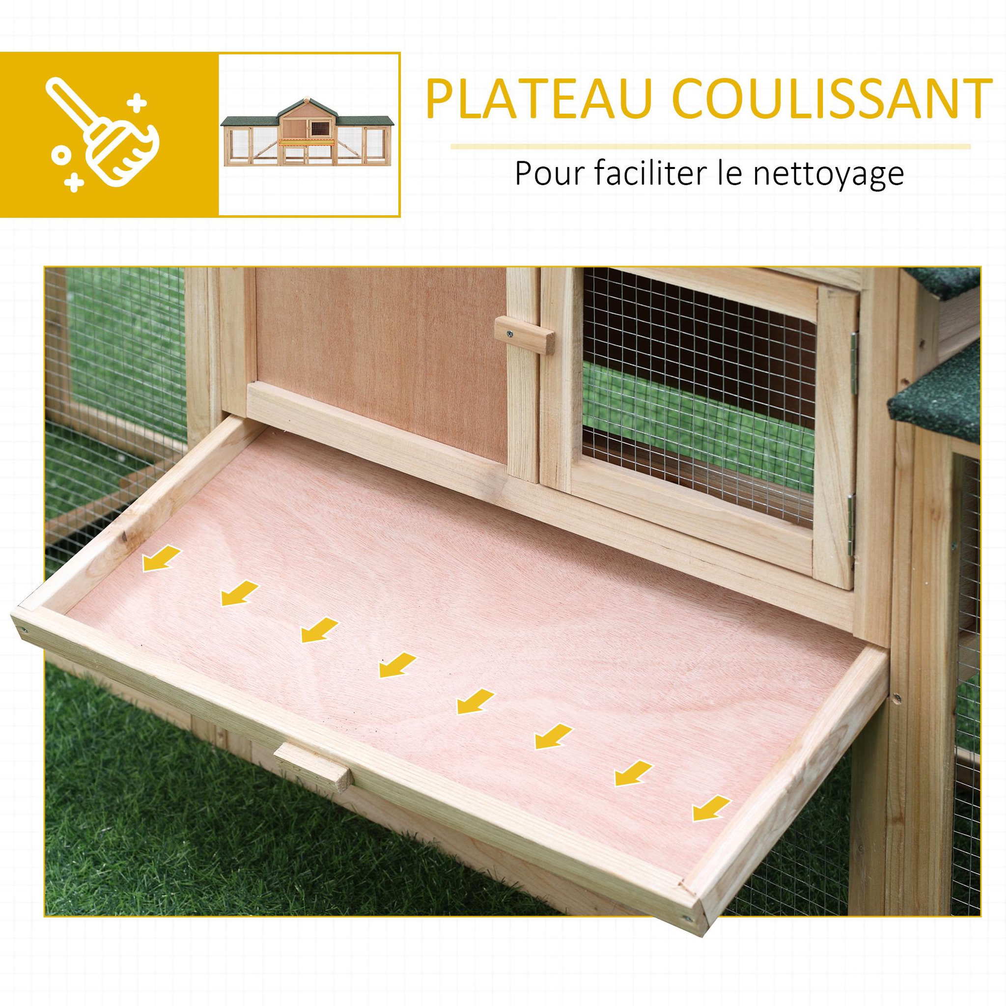 Voir la diapositive 6 : PAWHUT Clapier cage à lapins rongeurs xxl 2 étages toit bitumé intégral tiroir déjection 2,10l x 0,46l x 0,85h m bois massif pin pré-huilé