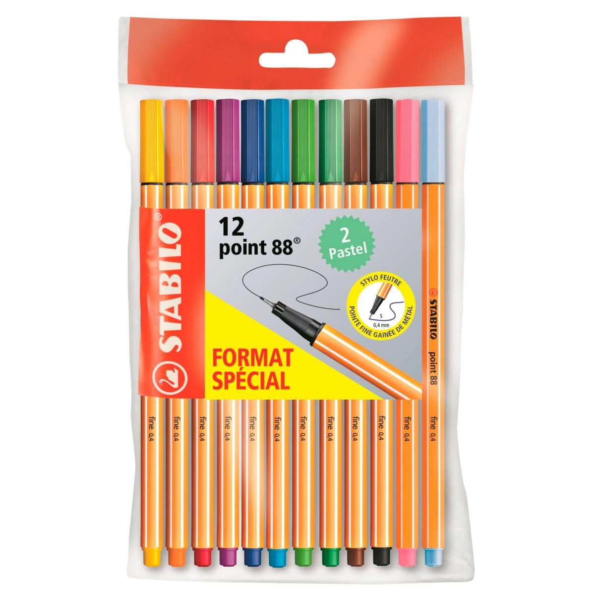 STABILO Lot de 12 Stylos feutres pointe fine 0.4mm dont 2 pastels Point 88