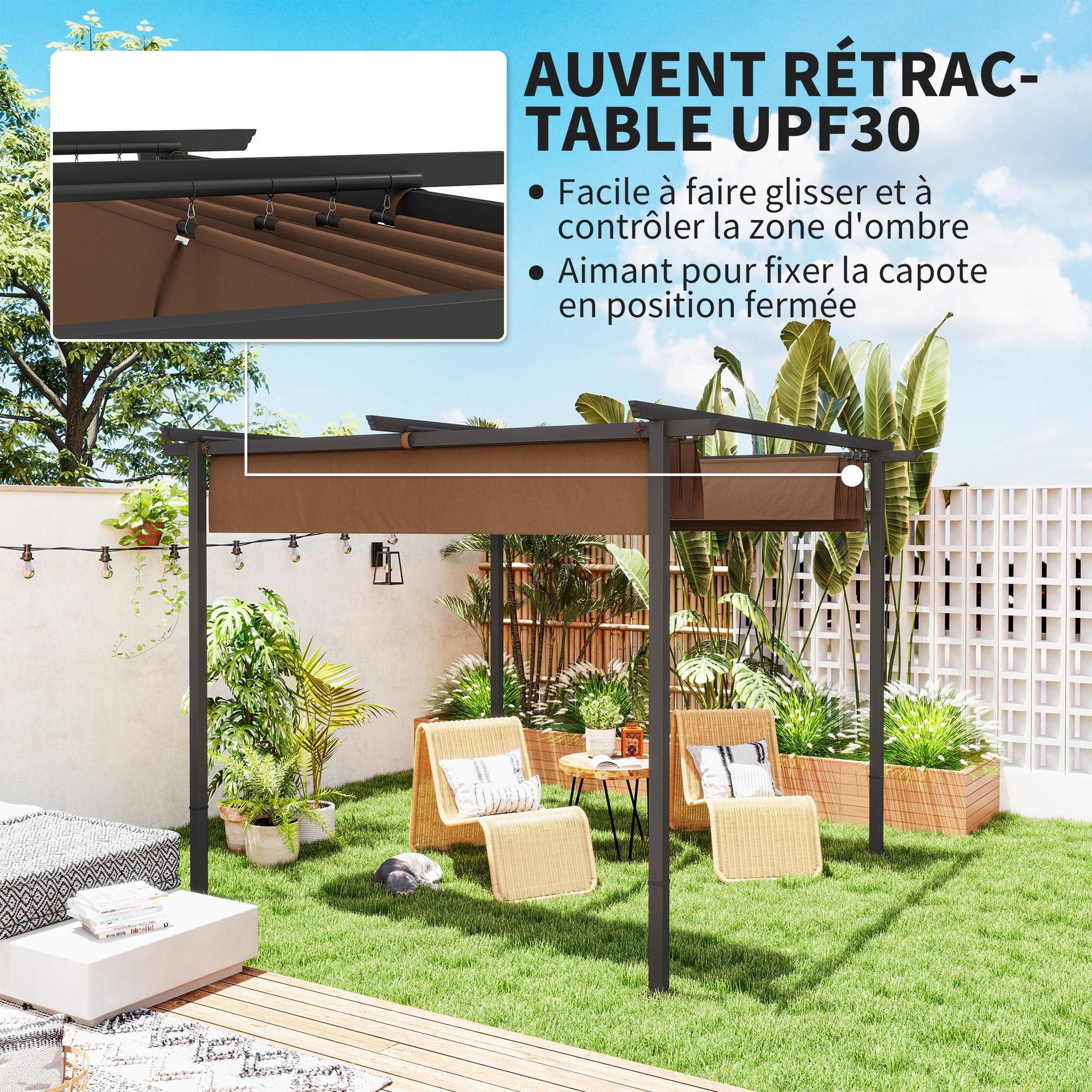 Voir la diapositive 5 : OUTSUNNY Pergola 3 x 3 m métal toile polyester haute densité 180g/m² UPF30+ coulissante rétractable marron