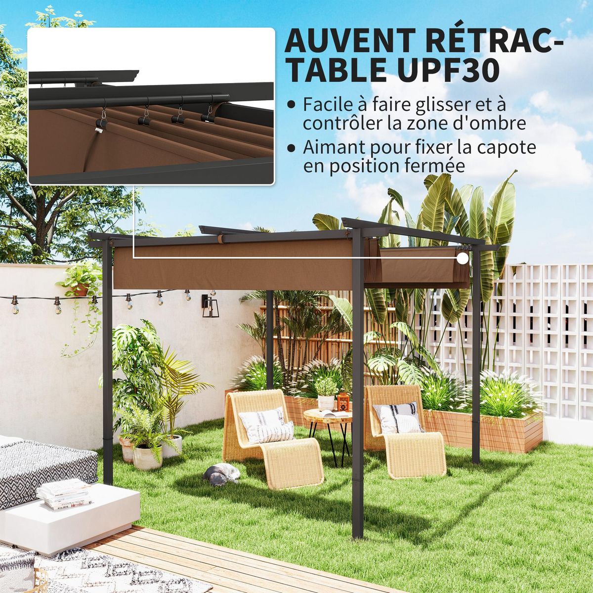 OUTSUNNY Pergola 3 x 3 m métal toile polyester haute densité 180g/m² UPF30+ coulissante rétractable marron