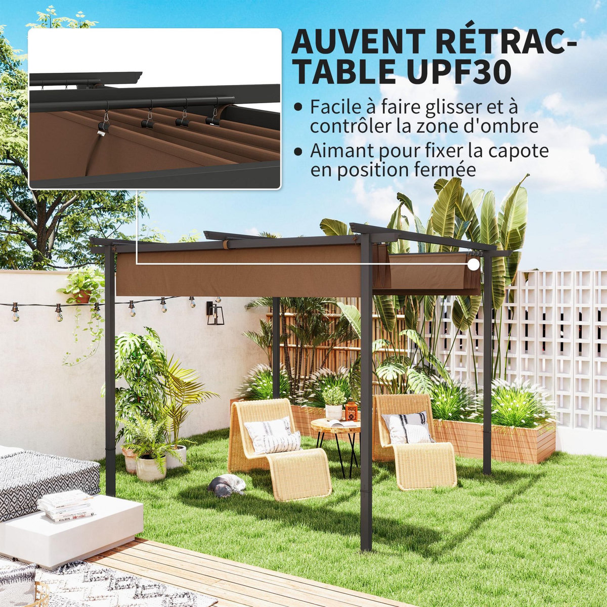 OUTSUNNY Pergola 3 x 3 m métal toile polyester haute densité 180g/m² UPF30+ coulissante rétractable marron
