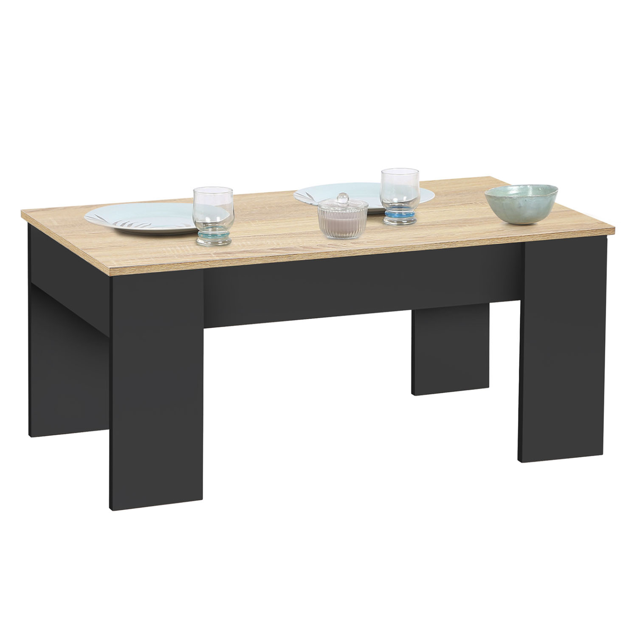 Voir la diapositive 4 : ID MARKET Table basse plateau relevable rectangulaire tara bois noir et imitation hêtre