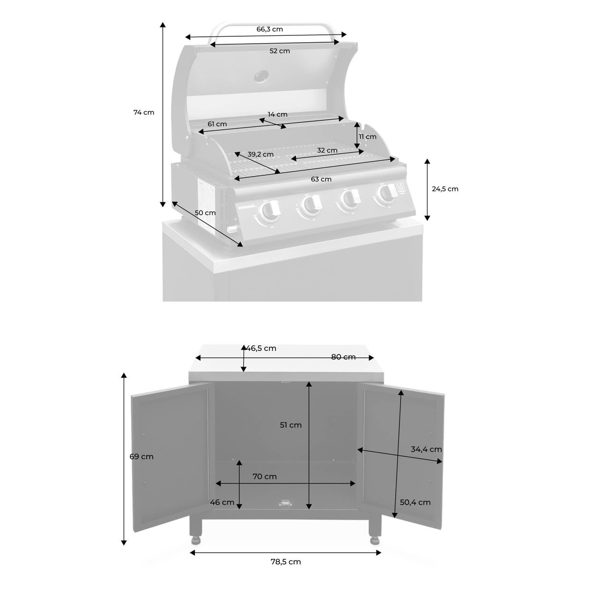 SWEEEK Barbecue à gaz avec 4 brûleurs à poser avec récupérateur de graisse + Meuble de cuisine extérieure en acier L80cm