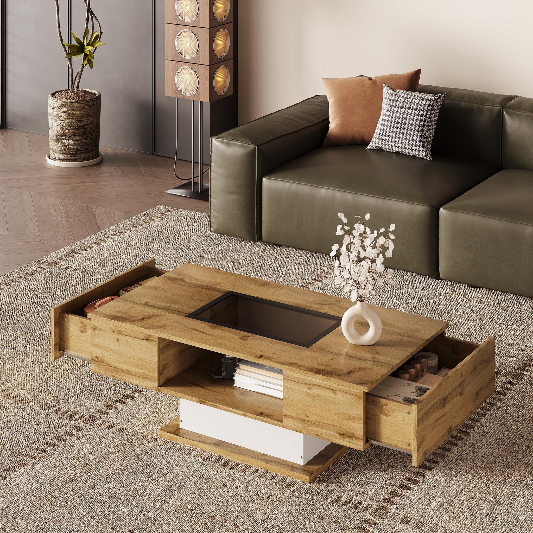 Voir la diapositive 3 : MERAX Table Basse Avec 2 Tiroirs, 1 Nich Et LED