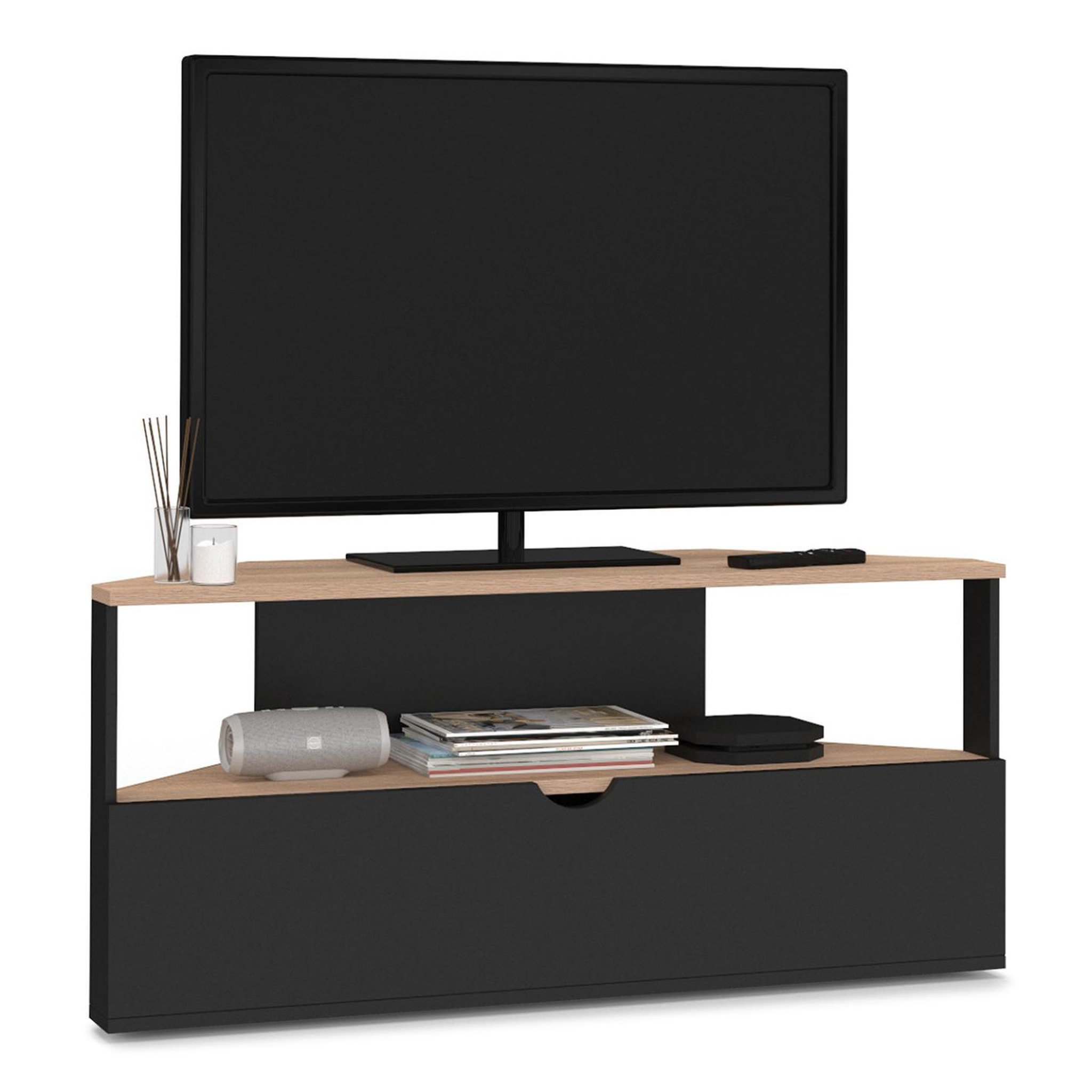 ID MARKET Meuble tv 100 cm d'angle eli bois façon hêtre et noir