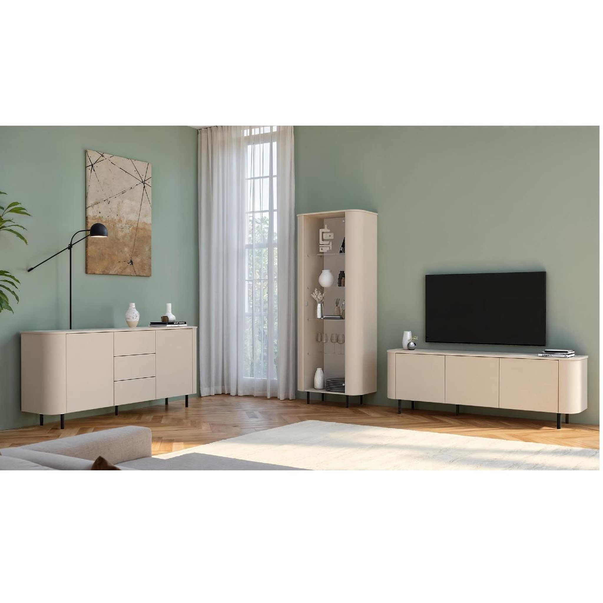 Voir la diapositive 5 : JLC KREATION Buffet moderne arrondi beige 2 portes-3 tiroirs 180cm olga