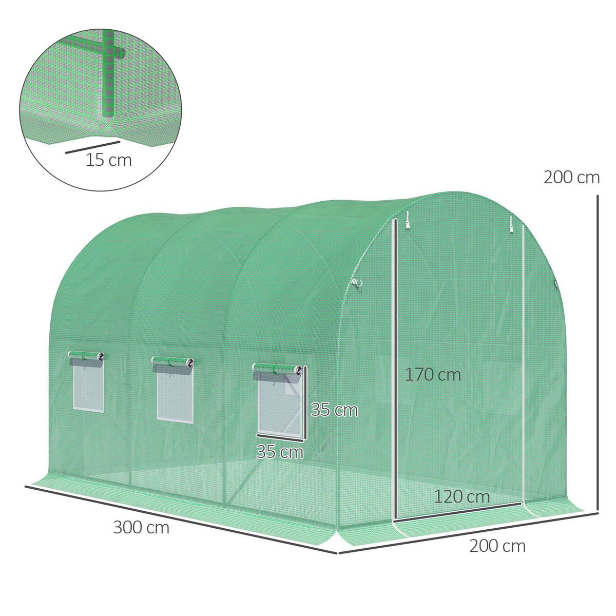 OUTSUNNY Serre de jardin tunnel surface sol 6 m² 3L x 2l x 2H m châssis tubulaire renforcé porte zippée 6 fenêtres enroulables vert