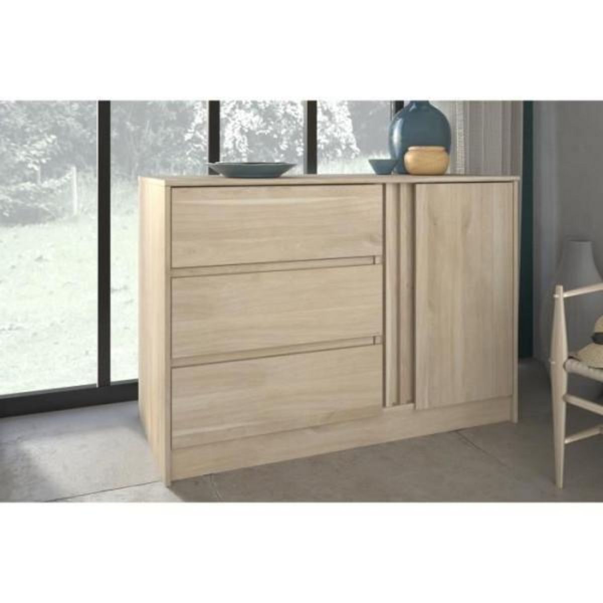 PARISOT Commode ESCALE - 3 tiroirs - 1 porte - Décor chene - L 109,8 x H 76,8 x P 50 cm