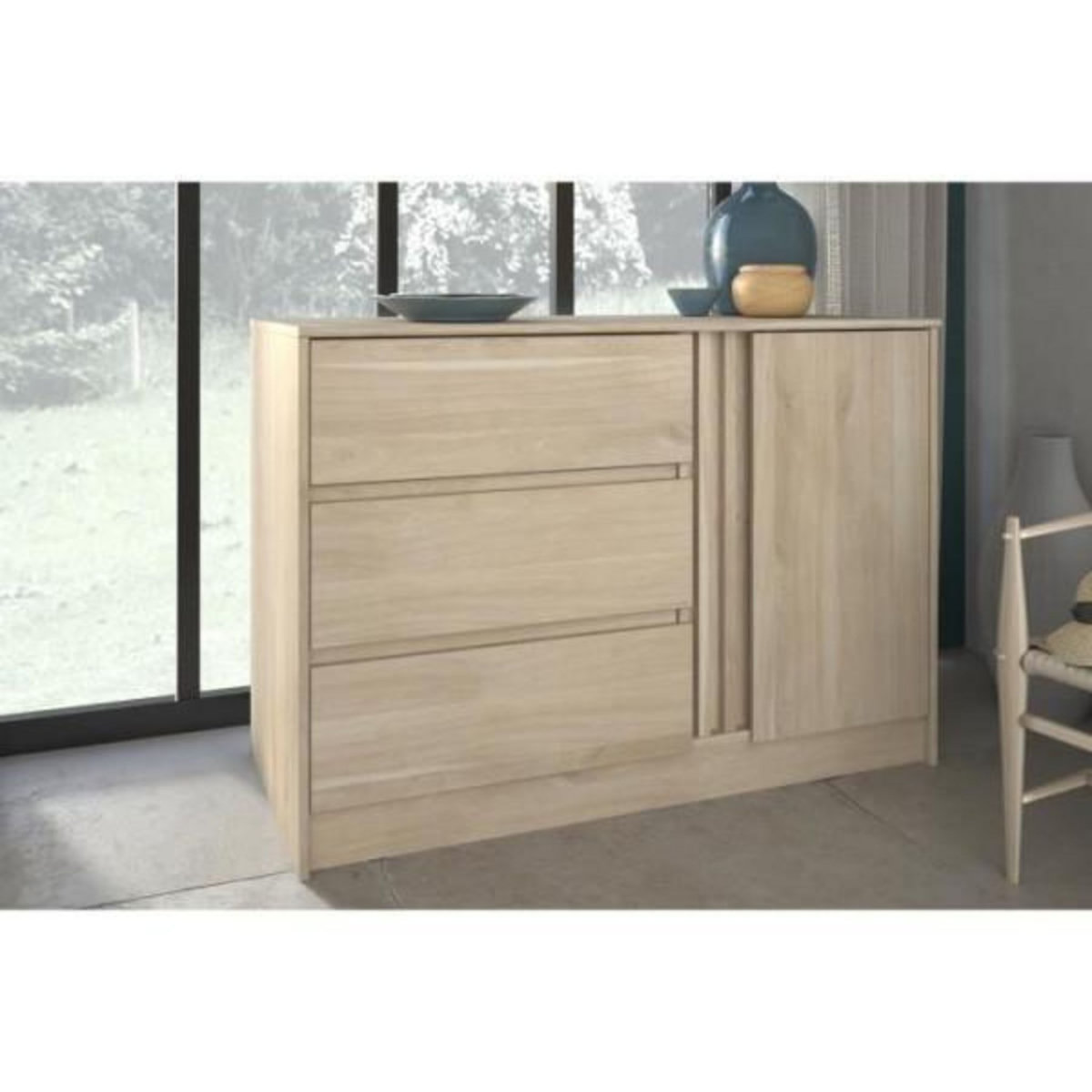 PARISOT Commode ESCALE - 3 tiroirs - 1 porte - Décor chene - L 109,8 x H 76,8 x P 50 cm