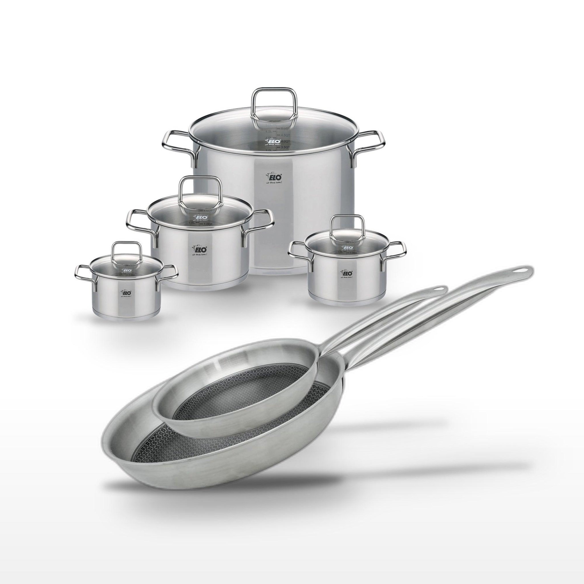 ELO Batterie de cuisine avec 4 faitouts 14/16/20/26 cm et 2 poêles 24/28 cm en inox avec 6 ustensiles de cuisine elo collection relief solution citrin