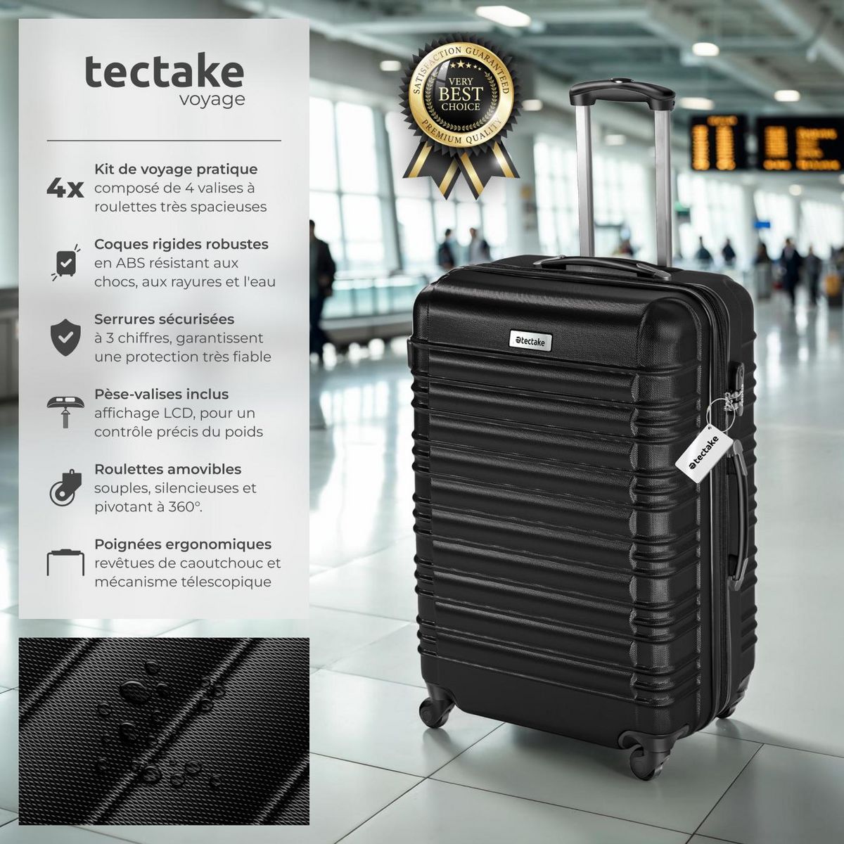 tectake Set de valises rigides 4 pièces en plastique ABS robuste, pèse-bagages et une étiquette de valise incluses noir