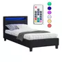 IDIMEX Lit LED simple 90x190 cm avec sommier, tête de lit confortable, lit 1 place revêtement en tissu noir, MOLINA