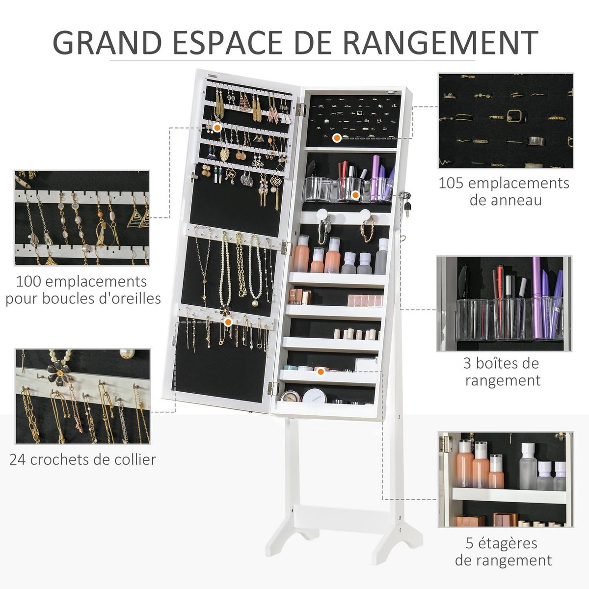 HOMCOM Armoire à bijoux sur pied multi-rangement avec miroir LED MDF blanc