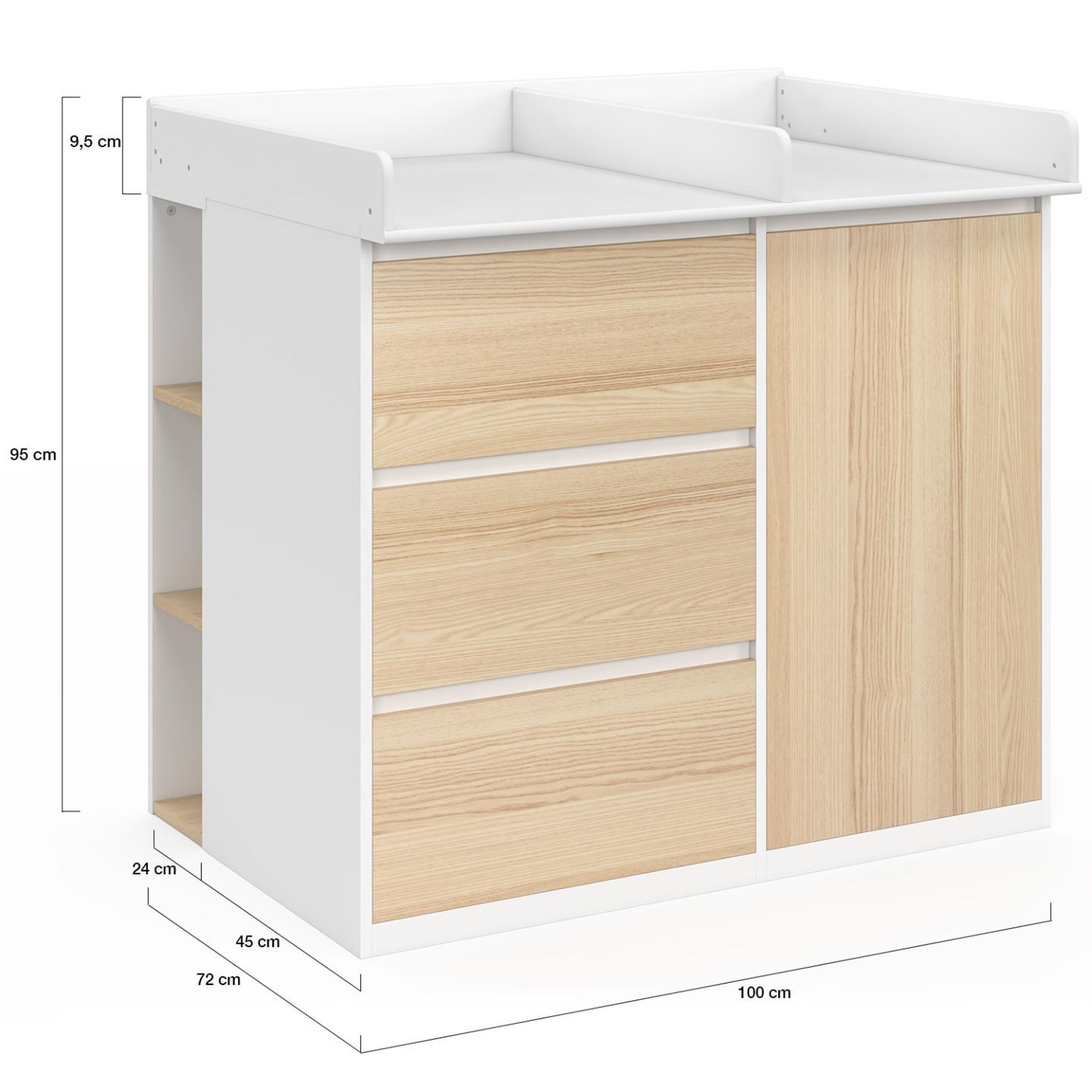 Voir la diapositive 5 : ID MARKET Commode à langer évolutive ambre façon hêtre et blanc 3 tiroirs, 1 panier à linge, table à langer et 2 étagères amovibles