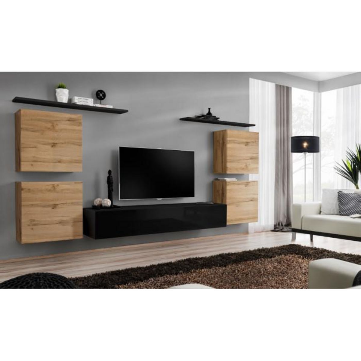 Paris Prix Meuble TV Mural Design  Switch IV  320cm Naturel & Noir