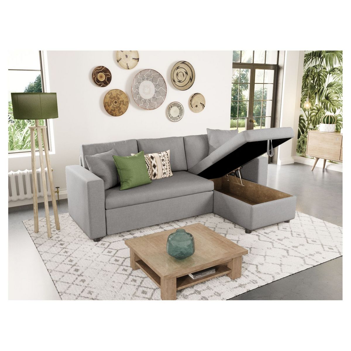 Canapé d'angle réversible convertible avec coffre en tissu ou velours GERALDINE 