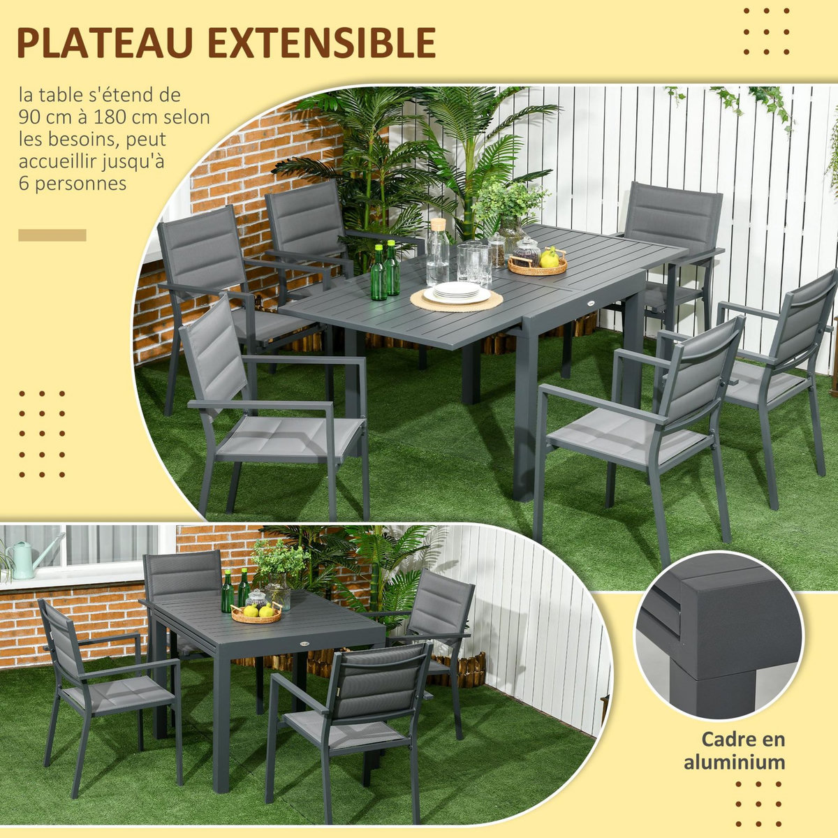 OUTSUNNY Ensemble de jardin 6 personnes chaises empilables table extensible 90/180L cm alu. textilène gris