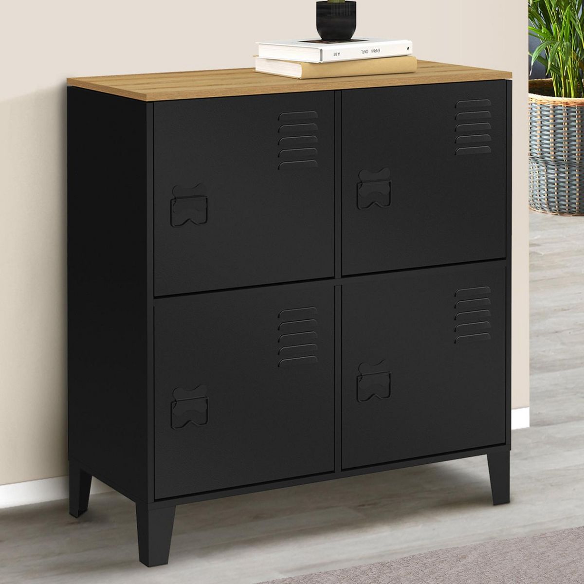 ID MARKET Buffet d'appoint casier 70 cm ESTER 4 portes en métal noir plateau bois design industriel