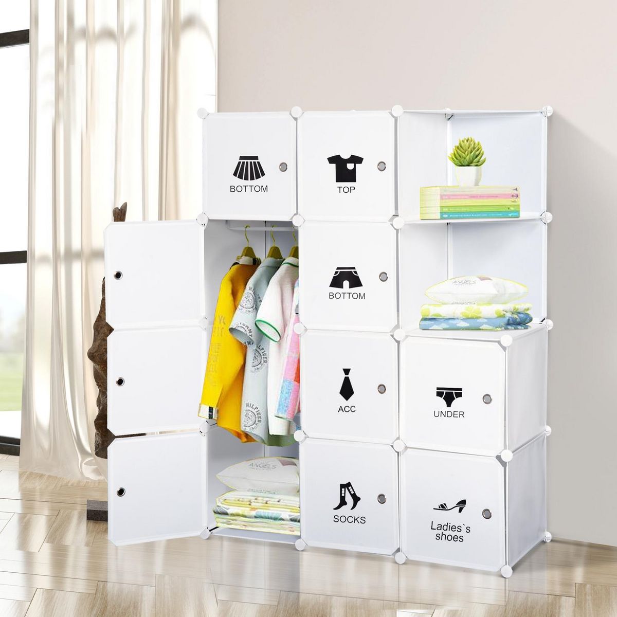 HOMCOM Armoire penderie cube multi-rangements 10 cubes + 2 étagères + autocollants décoratifs 111L x 47l x 145H cm blanc