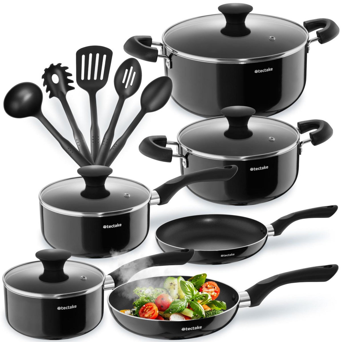 tectake Set de batterie de cuisine 15 pièces noir