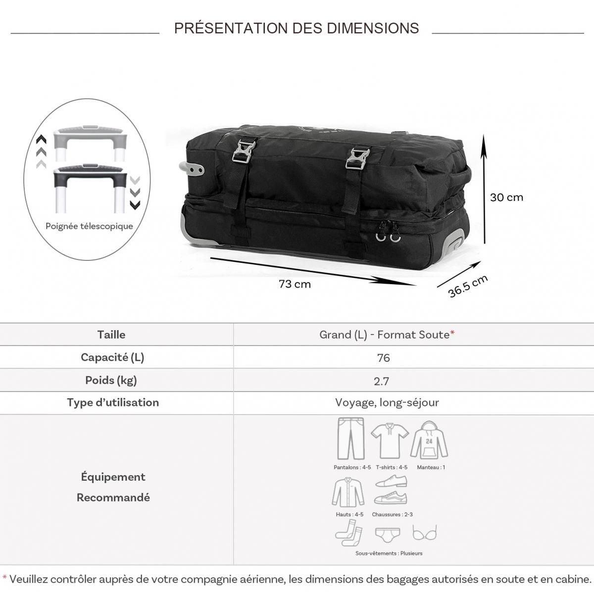 David Jones Sac de voyage à roulettes 76L double compartiment 73cm