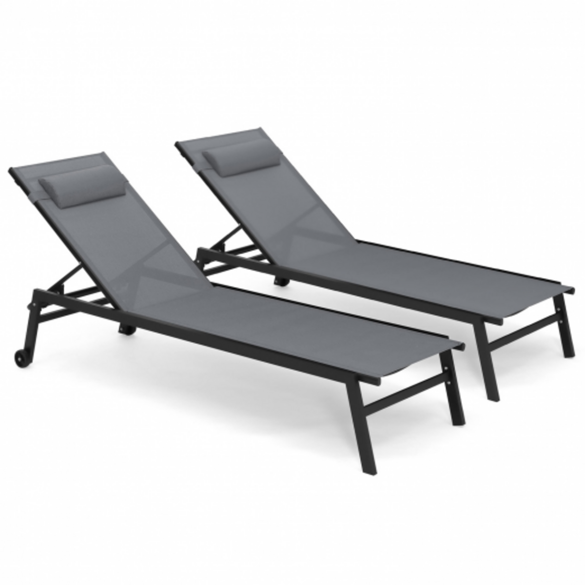 ID MARKET Lot de 2 transats de jardin inclinables en aluminium SINTRA gris anthracite et noir avec roulettes et coussin
