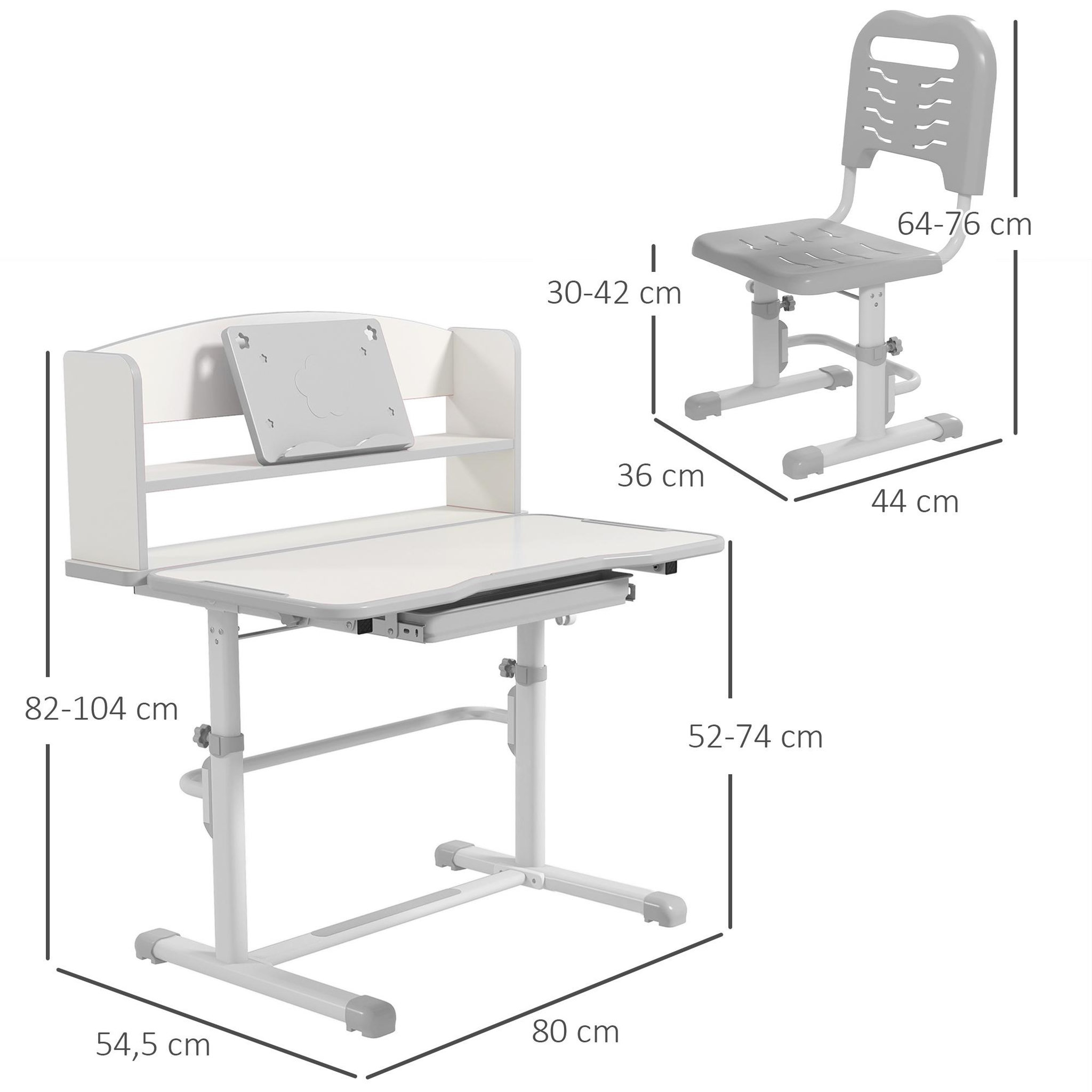 Voir la diapositive 3 : HOMCOM Bureau enfant avec chaise - ensemble bureau et chaise réglable - support lecture, tablette, étagère - gris blanc