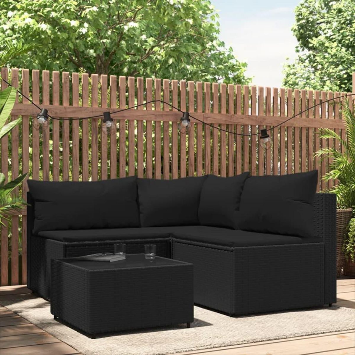 VIDAXL Salon de jardin 4 pcs avec coussins Noir Resine tressee