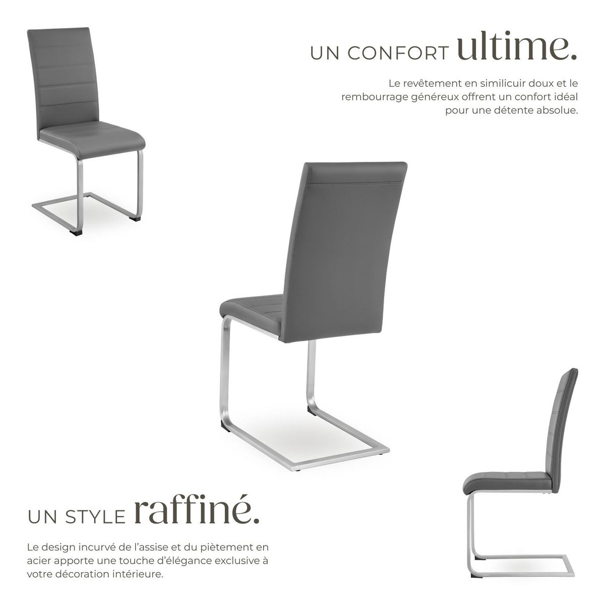 tectake Ensemble de chaises de salle à manger rembourré avec revêtement aspect cuir gris Lot de 8