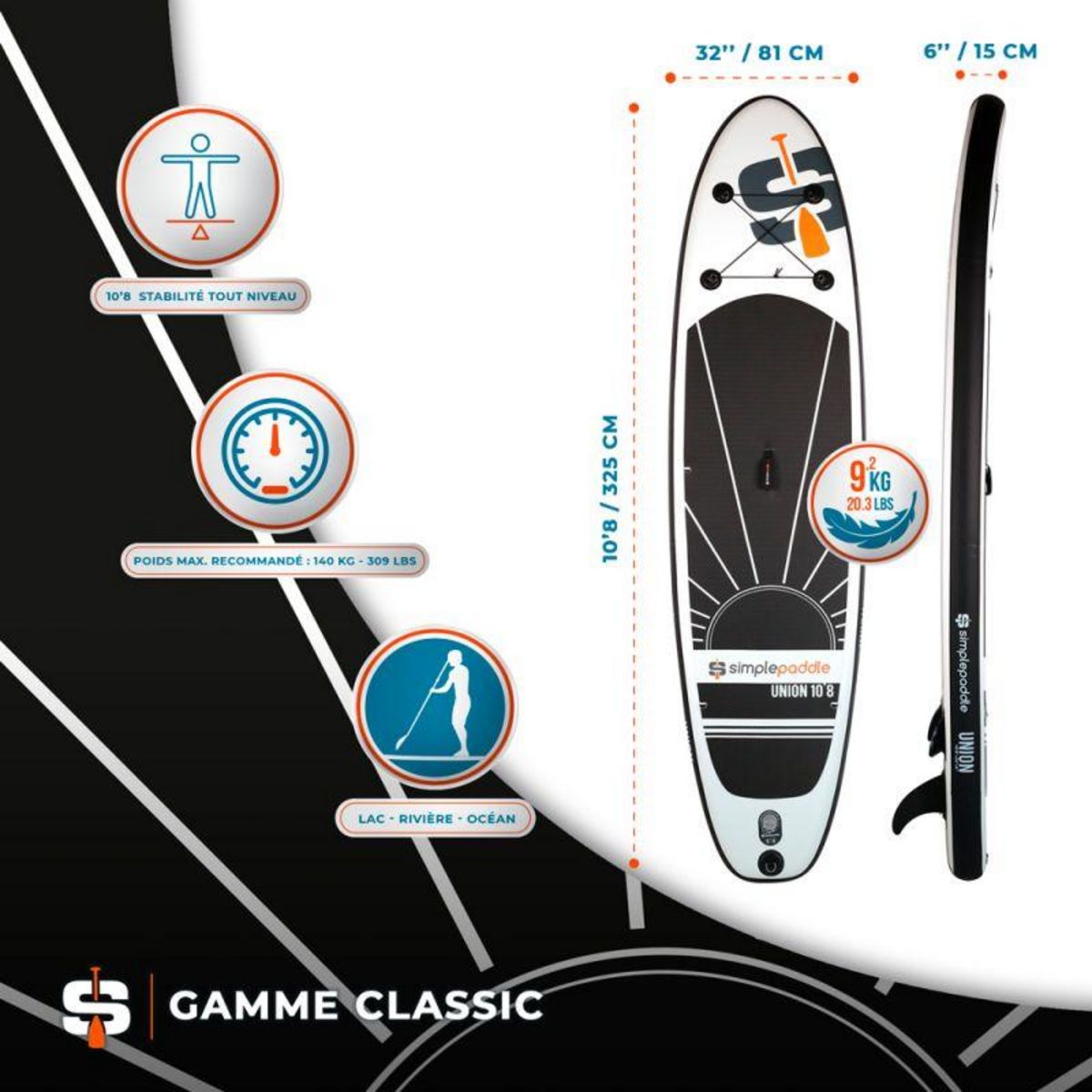 SIMPLE PADDLE Paddle Gonflable UNION 10'8 32'' 6  (320 x 81 x 15 cm) avec Pagaie, Leash, Pompe et Sac de Transport