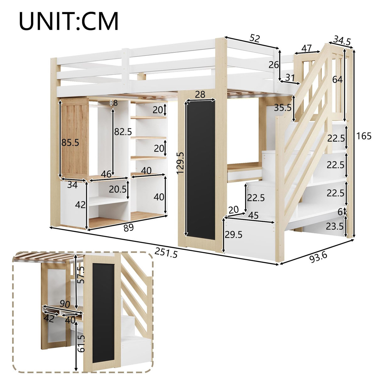 MERAX Lit combiné enfant 90x200 cm coloris blanc+naturel led pin