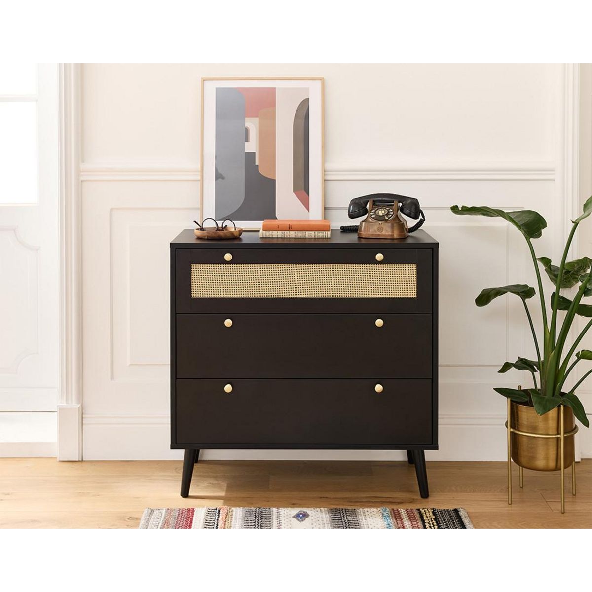 BEST MOBILIER Goto - commode - noir et cannage - 80 cm