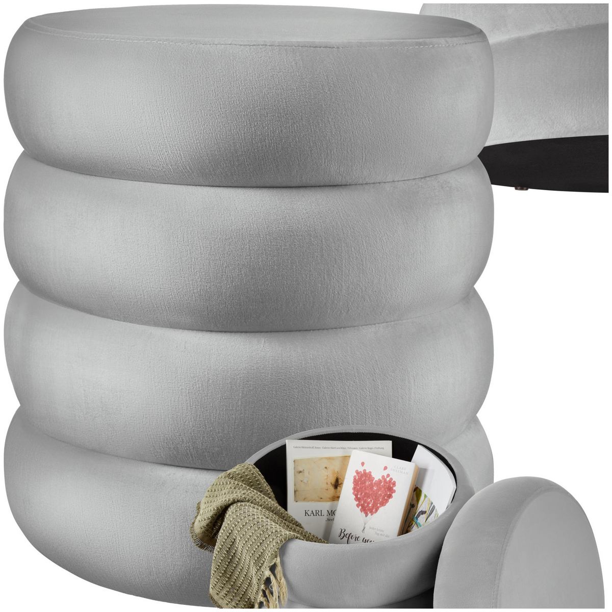 tectake Tabouret avec espace de rangement rond Aspect velours gris
