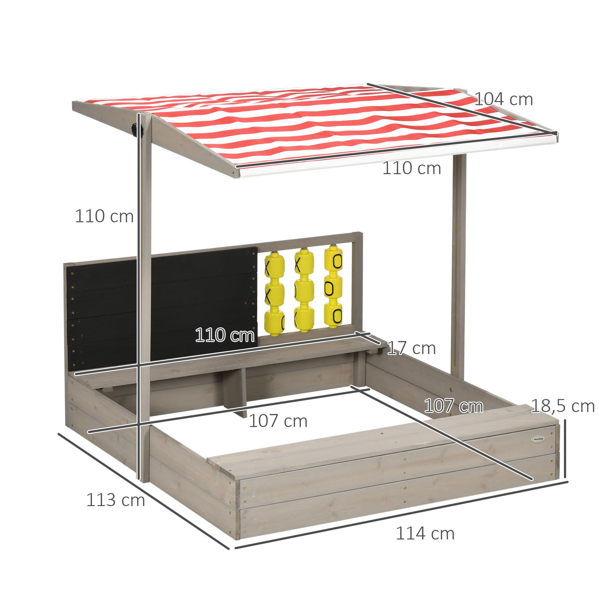 Voir la diapositive 3 : OUTSUNNY Bac à sable bois carré dim. 1,18L x 1,13l x 1,10H m - hauteur, inclinaison toit réglable, refermable - tableau, jeu - bois sapin gris