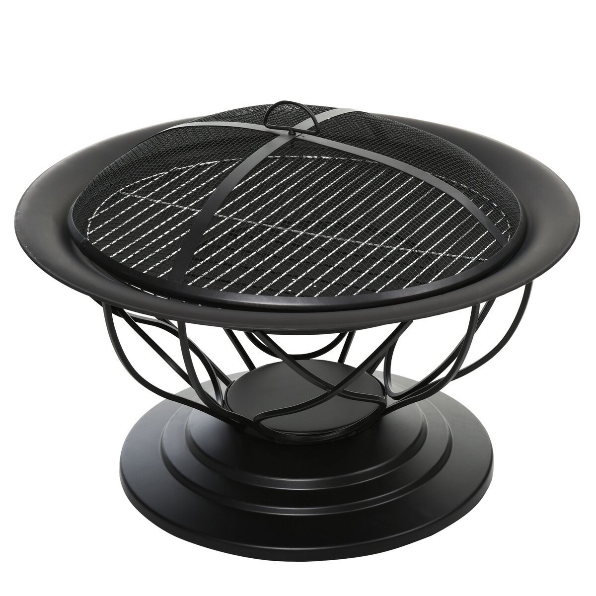 OUTSUNNY Brasero boule de feu cheminée foyer extérieur Ø 75 x 55H cm grille à charbon + cuisson couvercle tisonnier métal noir
