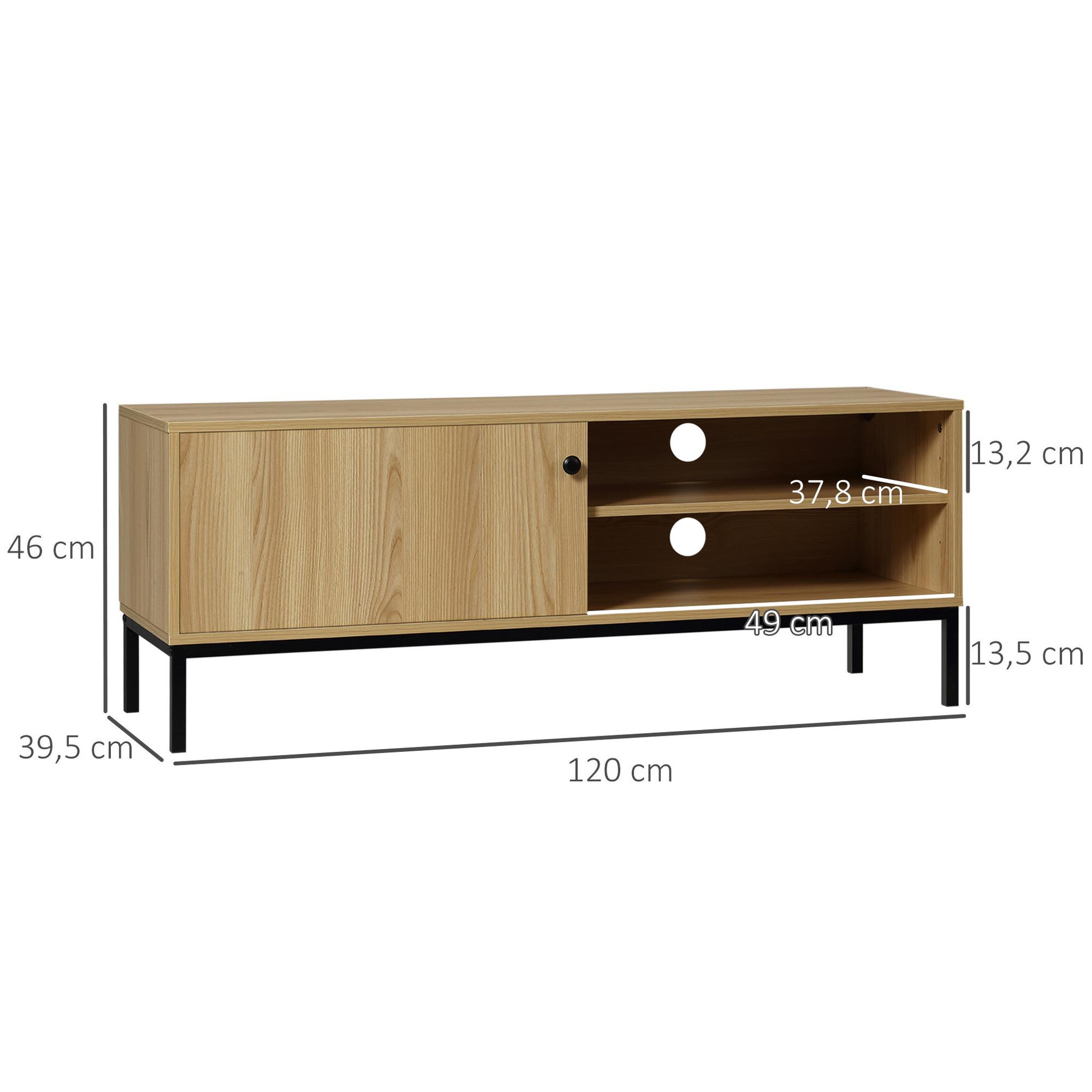Voir la diapositive 3 : HOMCOM Meuble TV banc TV design industriel - porte coulissante, 2 niches, 2 passe-fils - piètement métal noir panneaux aspect bois clair