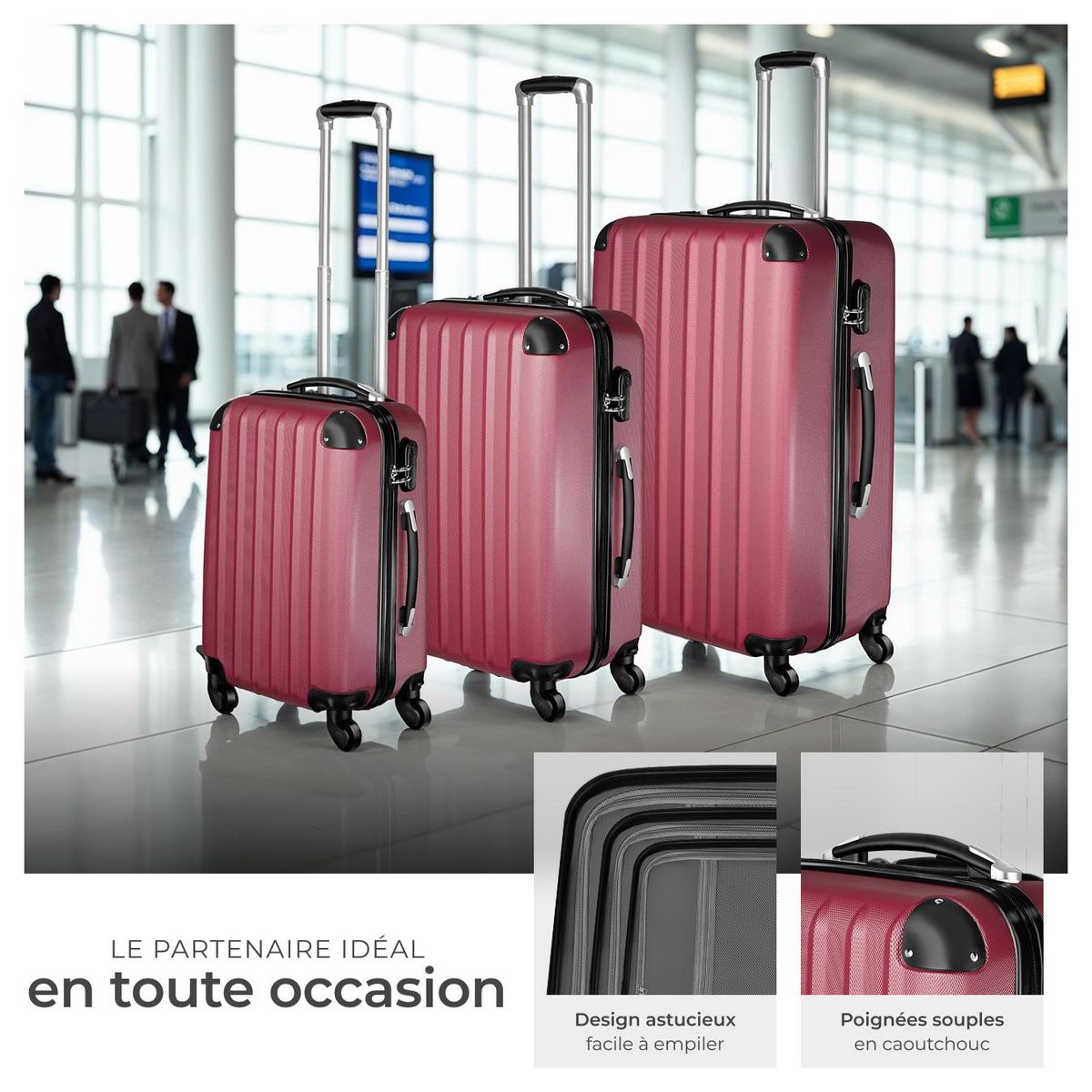 tectake Set de valises trolley rigides 3 parties, en plastique ABS robuste rouge