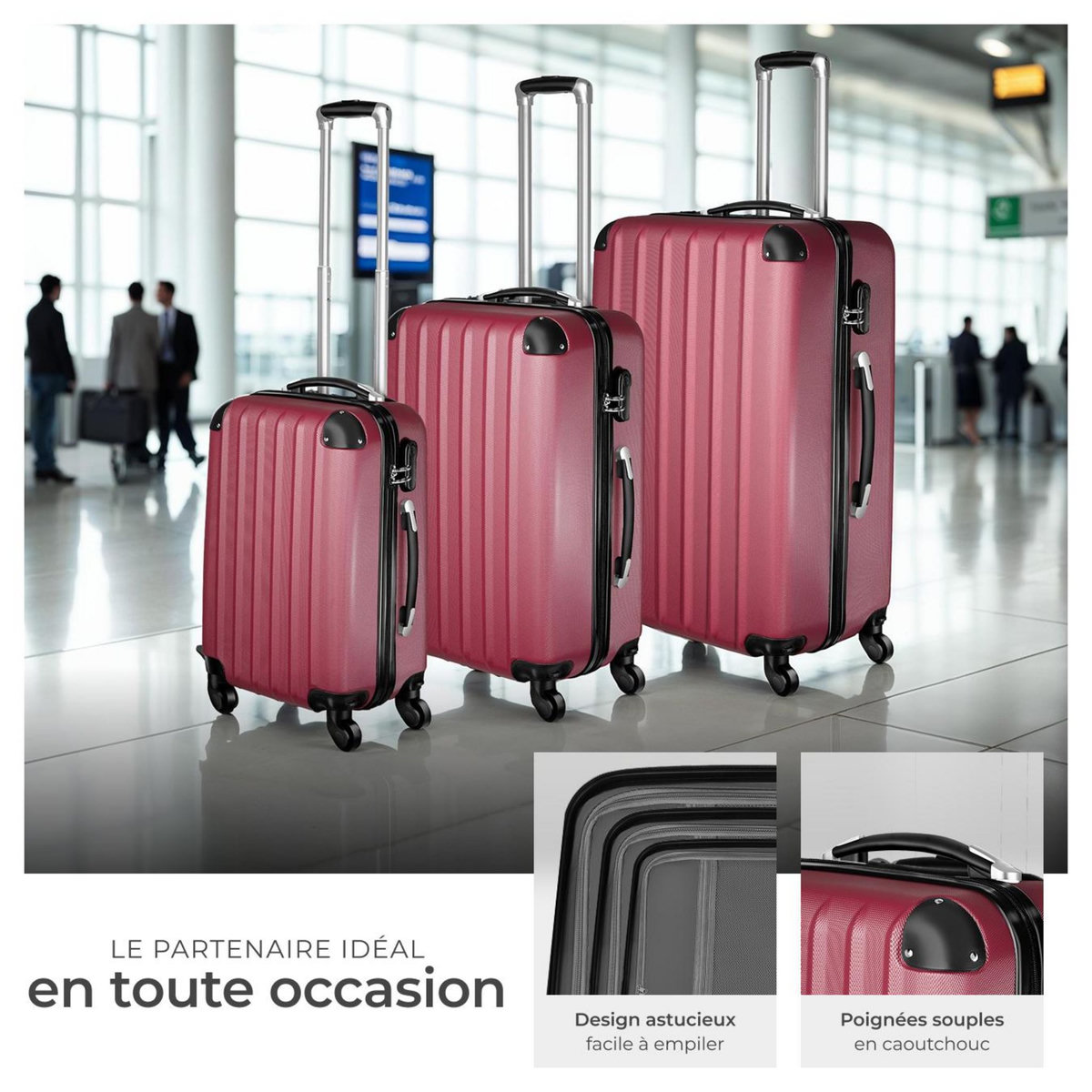 tectake Set de valises trolley rigides 3 parties, en plastique ABS robuste rouge