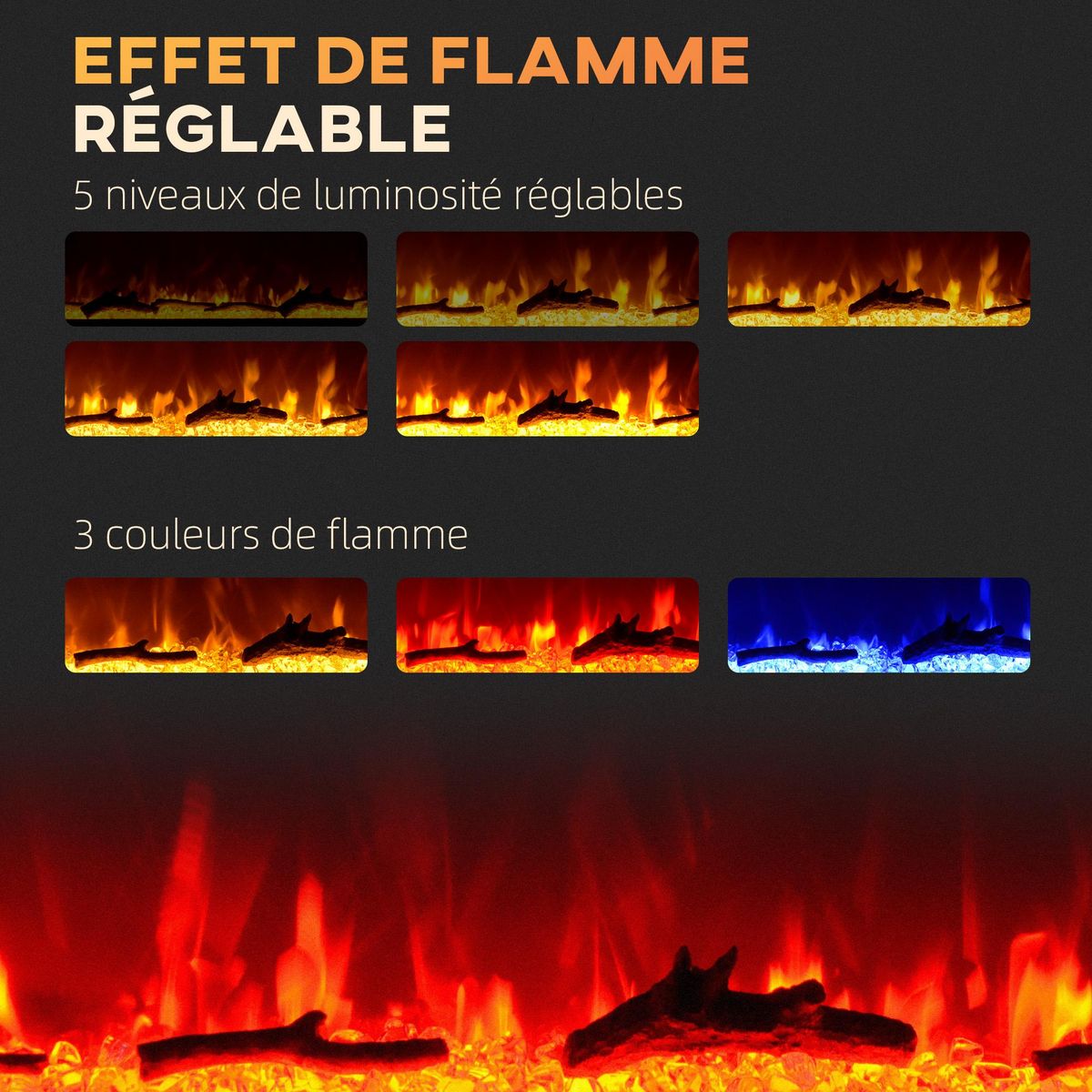 HOMCOM Cheminée électrique 1800W effets flammes LED 3D réglables - timer, thermostat, télécommande - noir