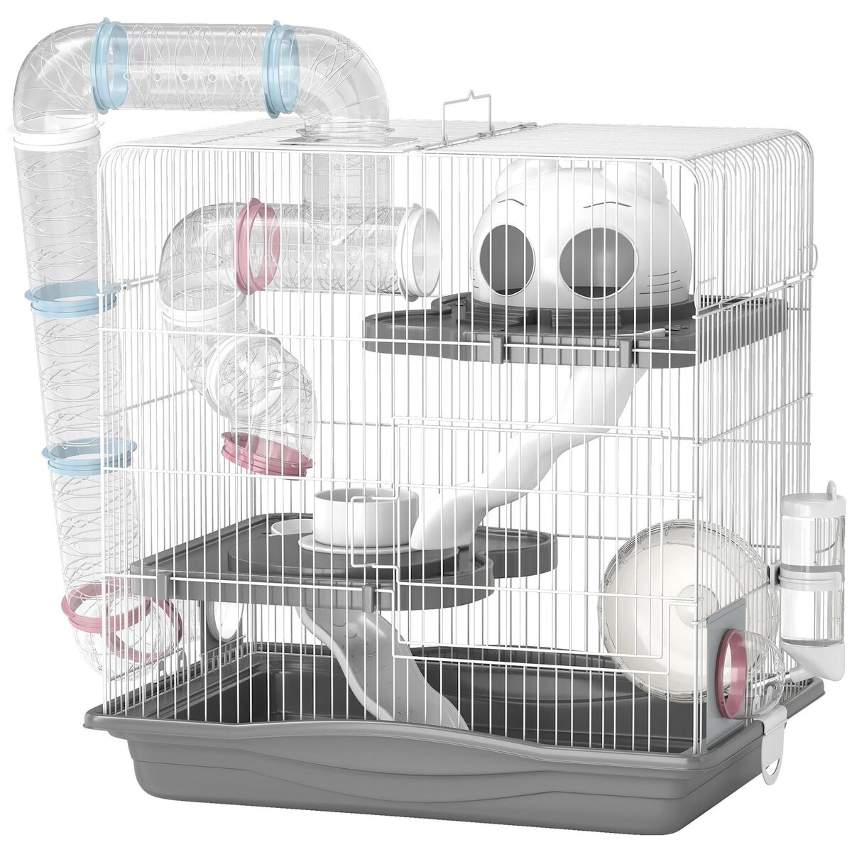 PAWHUT Cage rongeur hamster 3 niveaux cabane roue tunnel toboggan biberon mangeoire 45 x 30 x 45 cm blanc gris