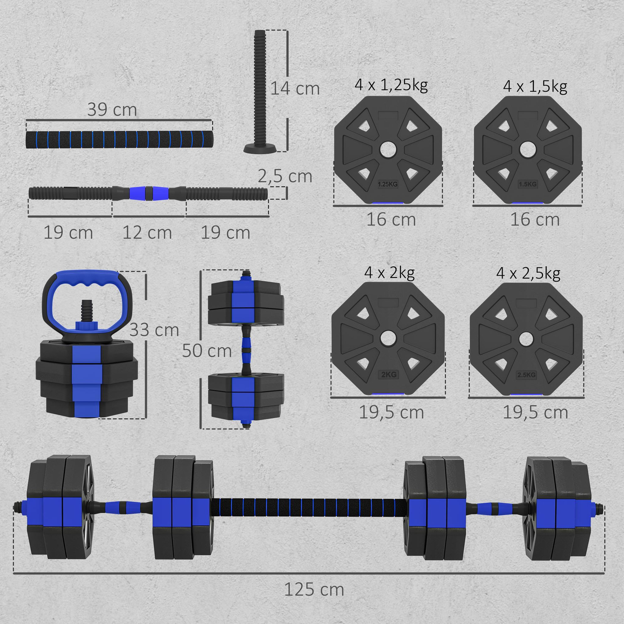 Voir la diapositive 3 : HOMCOM Ensemble d'haltères musculation multifonction 4 en 1 - haltères, kettlebell, push-up support, olympic barre - total 30kg - pvc bleu noir