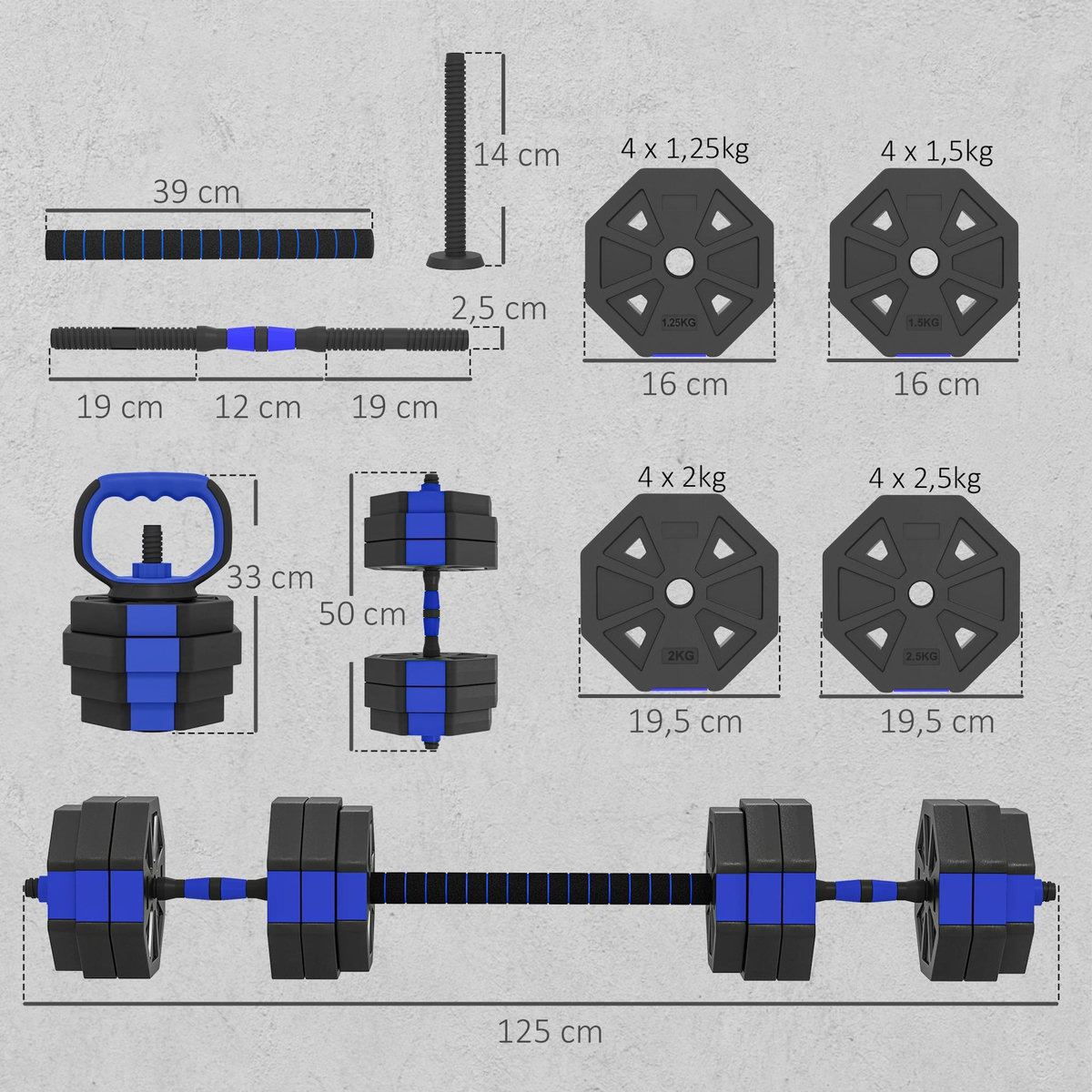HOMCOM Ensemble d'haltères musculation multifonction 4 en 1 - haltères, kettlebell, push-up support, Olympic barre - total 30Kg - PVC bleu noir
