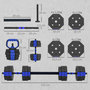 Voir la diapositive 3 : HOMCOM Ensemble d'haltères musculation multifonction 4 en 1 - haltères, kettlebell, push-up support, Olympic barre - total 30Kg - PVC bleu noir
